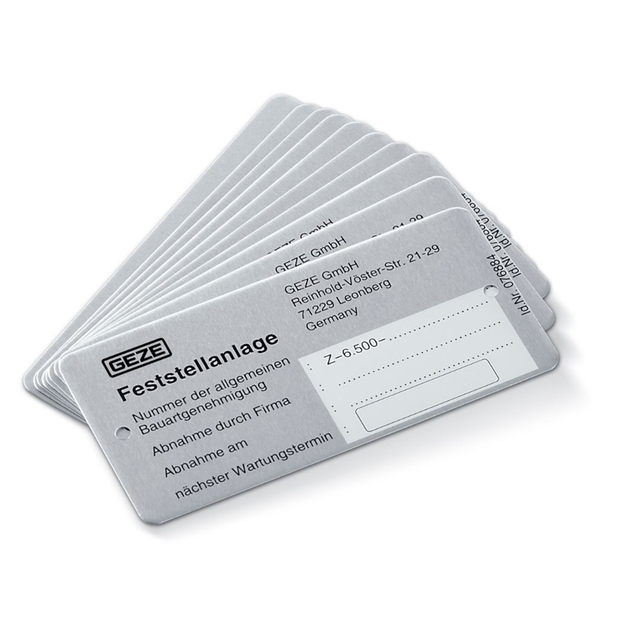 GEZE Zulassungsschild für Feststellanlagen