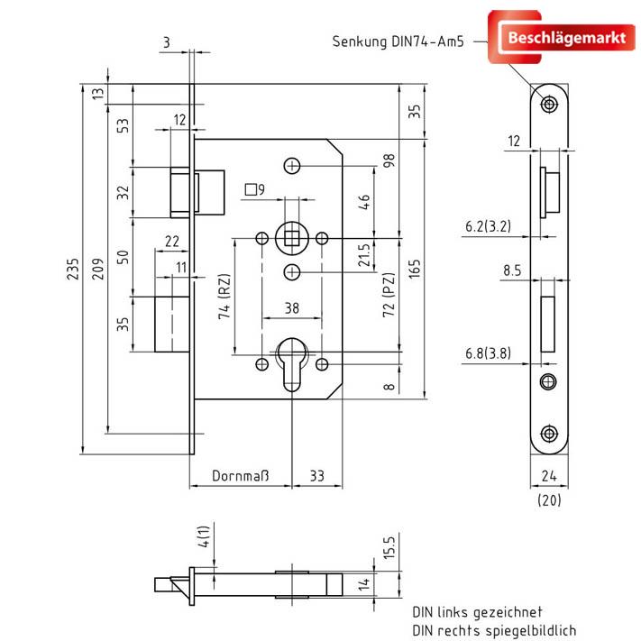 BMH Nr. 1013 Panikschloss Funktion D Dornmaß 65 mm Sicherheitsschloss