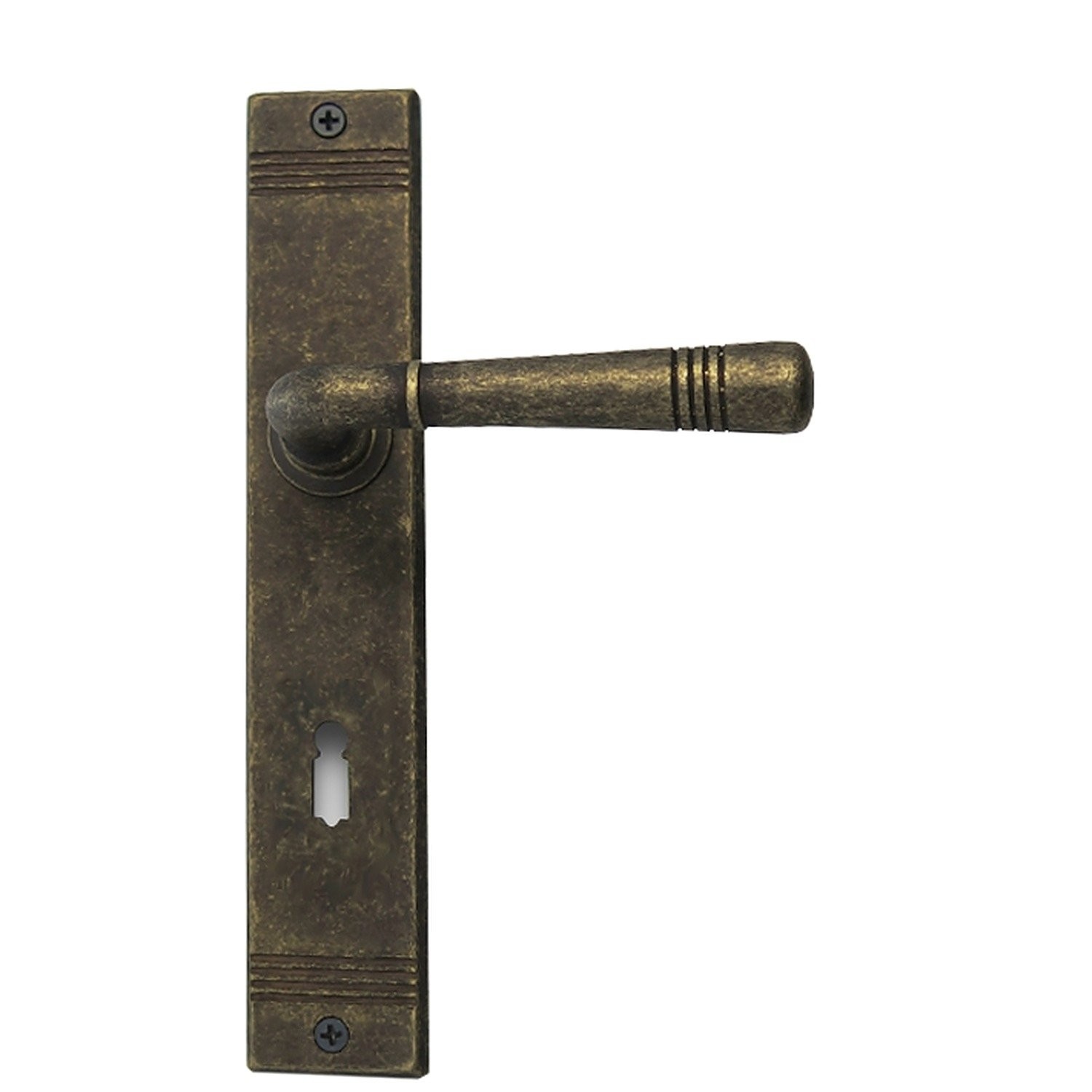 Ghidini Türdrücker Langschild Garnitur Berlin M75 Messing antik goldbraun mit Buntbartlochung
